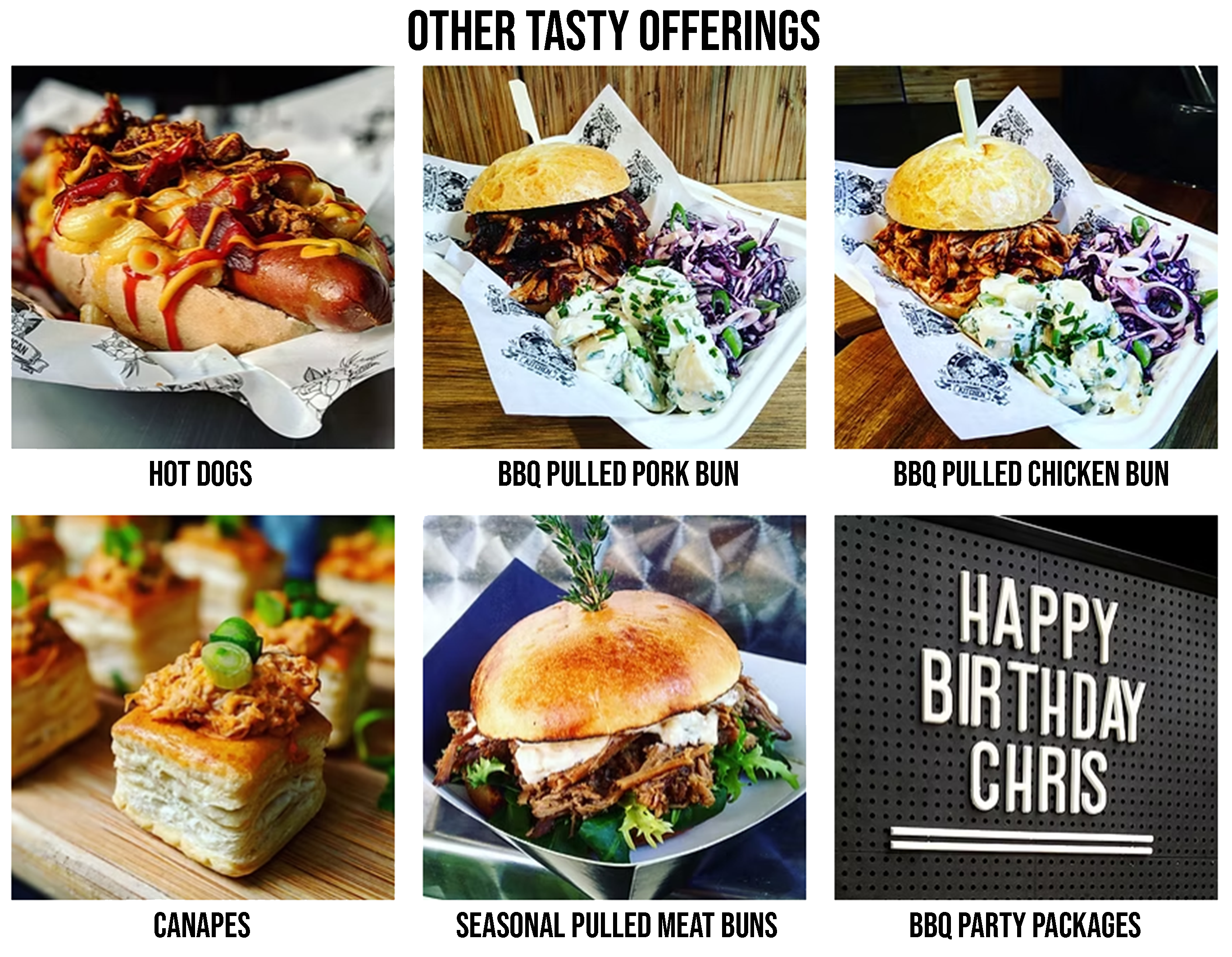 American food truck catering options like hot dogs, BBQ pulled pork, jackfruit, and seasonal buns, chicken wings, canapes, and bespoke party packages